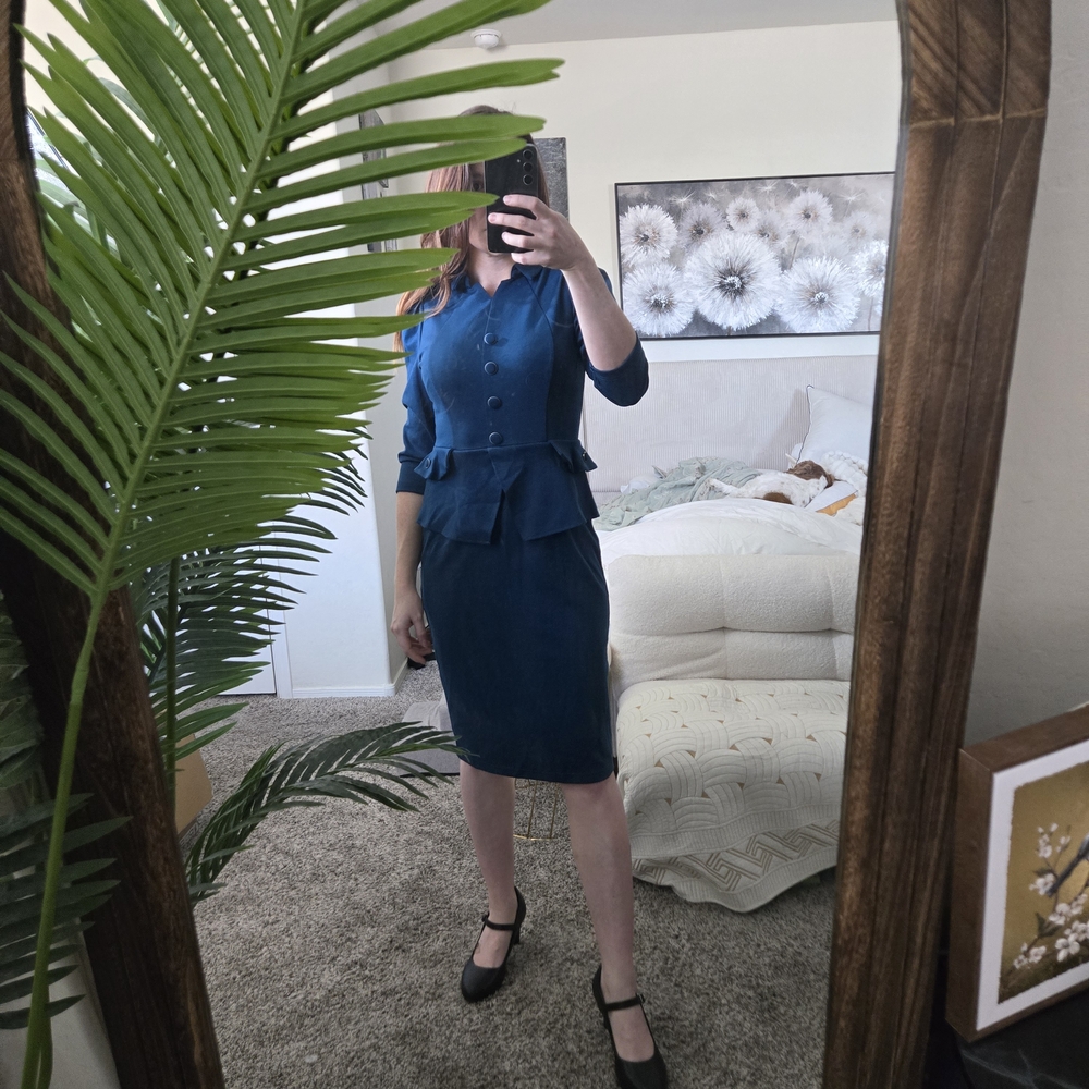 Retro Blue Peplum Wiggle Dress | Faux Pocket Hourglass Magic Size S